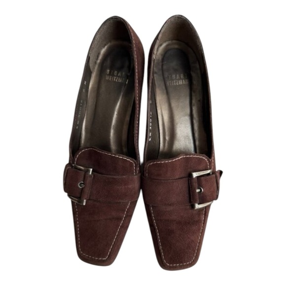 Stuart Weitzman Shoes - Stuart Weitzman Brown Suede Loafers Silver Buckle Kitten Heel Pumps Size 7.5 M